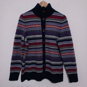 LL Bean Cardigan Sweater Womens Large Blue Red Fair‎ Isle Merino Wool